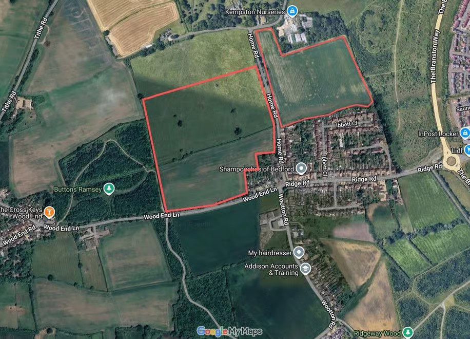 Aerial map view of Kempston Rural showing the proposed development land highlighted